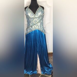Vintage Splash Blue and Beige Evening Gown Size 14